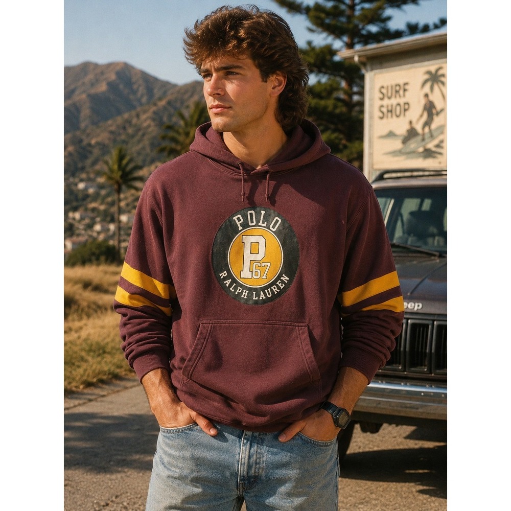 POLO RALPH LAUREN Men's XL Burgandy P67 Rugby Hoodie Vintage Distressed -1341